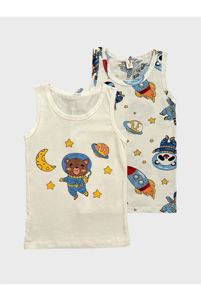 elmas kids Boy's Cotton White Astronaut Patterned 2-Piece Undershirt Set
