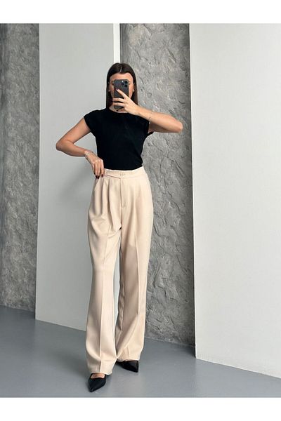 A&O Style Women's Double Button Lycra Cream Palazzo Trousers