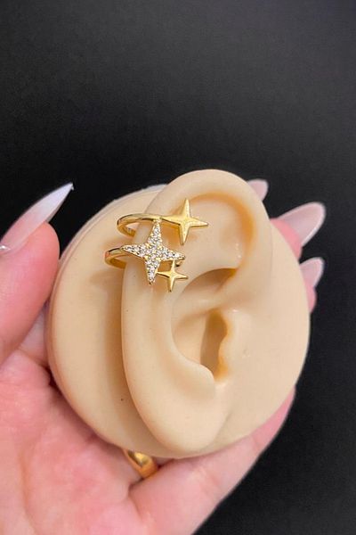 Blisse Piercing Gold Color North Star Figured Zircon Stone Steel Ear Cuff Cartilage Earrings – Compression, Non-Pierced