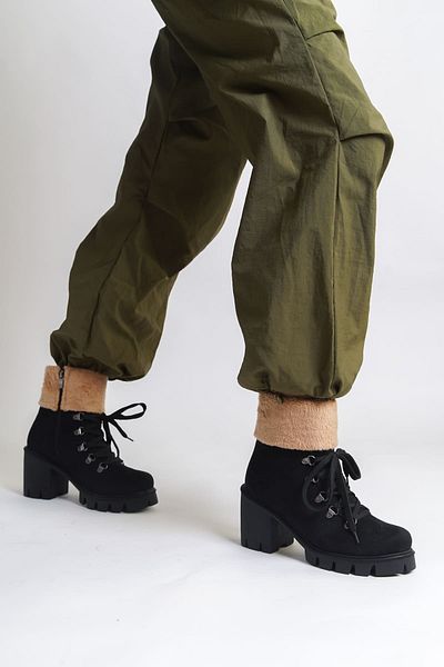 Joy Ayakkabı EMMA Lace Up Ορθοπεδική Σόλα με φερμουάρ Γούνα Λεπτομερείς Suede Γυναικείες Μπότες ST - Μαύρο