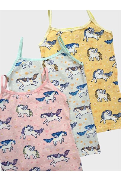 elmas kids Kız Çocuk Pamuklu Sarı Pembe Yaşil Unıcorn Desenli 3 lü Atlet Takımı