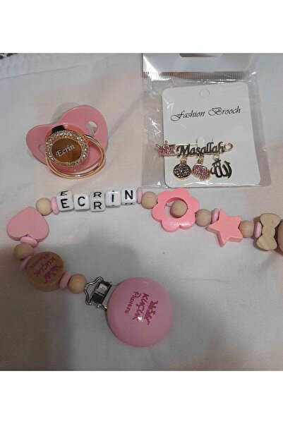 Serap Yılmaz Sahi Isimli Bebek Emzik Zinciri Yaka İğnesi ve Pembe Taşlı Silik...