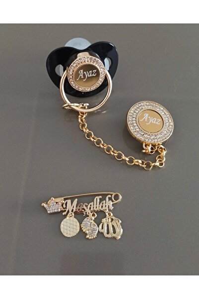 Serap Yılmaz Sahi Isimli Siyah Mavi Beyaz Krem Pembe Zirkon Taşlı Bebek Emzik Zinciri Ve Yaka Iğne Seti (0-6 AY)
