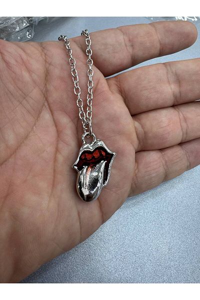 Herşey Nota Rolling Stones Logo Chain Necklace 60 cm Unisex Rock Style Accessory