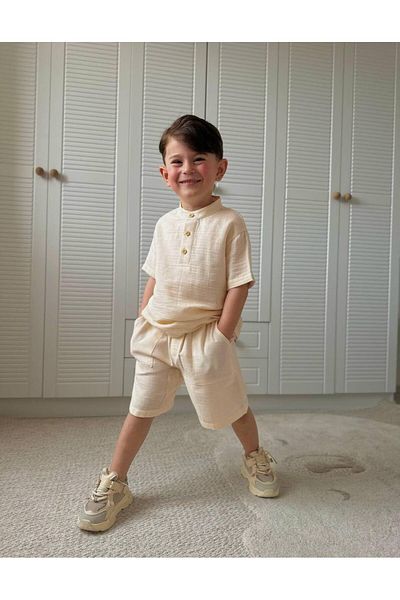 MİO Boys' Cotton Shorts Shirt Suit Summer Relaxed Fit