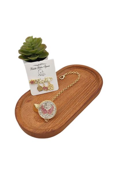 Serap Yılmaz Sahi Plated Crystal Stone Baby Pacifier Chain and Collar Pin Set - 0419