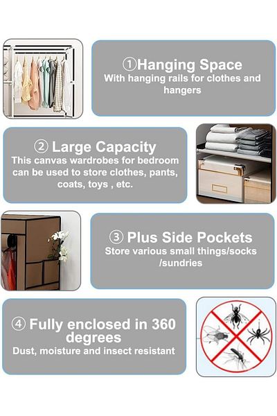 Generic Closet Wardrobe Portable Clothes Storage Organizer Clothes Rail with Non-Woven Fabric Cover with 4 S