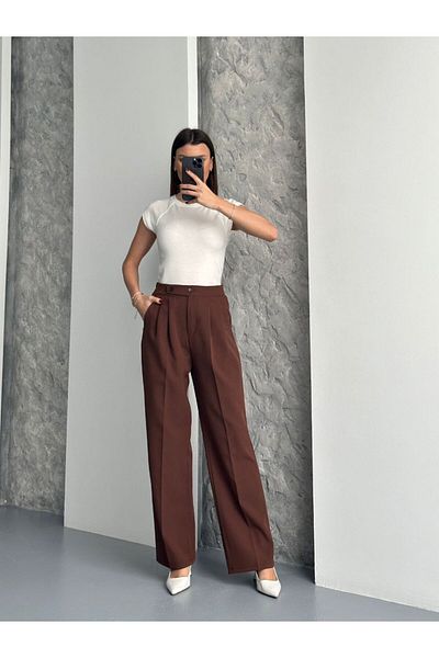 A&O Style Women's Double Button Lycra Brown Palazzo Trousers