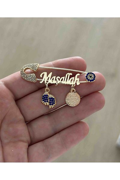 Serap Yılmaz Sahi Coating Mashallah Written Blue Stone Baby Lapel Pin 5 cm Tysysh0111