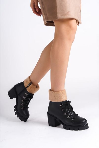 Joy Ayakkabı EMMA Lace Up Ορθοπεδική Σόλα με φερμουάρ με τακούνι Γούνα Λεπτομερείς Γυναικείες Μπότες ST - Μαύρο