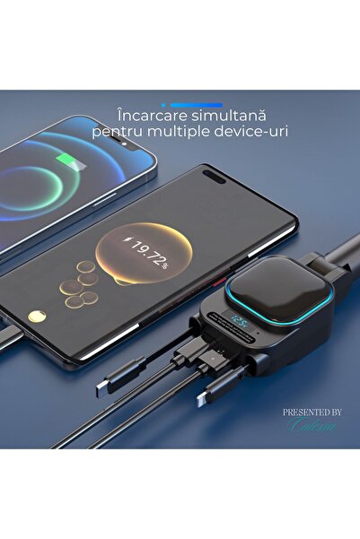 e-Wantay Încărcător Auto PowerMax 4 în 1, 96W, FM, Type-C & Lightning, USB, Hands-Free, Fast Charge