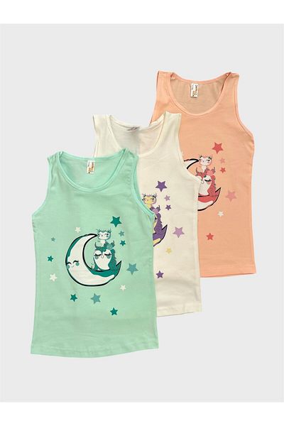 elmas kids Girl's Cotton Green Crochet Ecru Crescent Star Patterned 3-Piece Undershirt Set