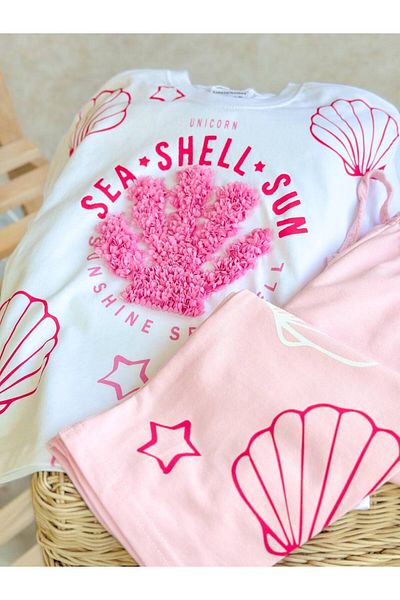 MİO Girl's Cotton Embossed T-Shirt and Pink Patterned Sweatpants Set
