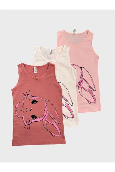 elmas kids Girl's Cotton Plum White Pink Cat Patterned 3-Piece Undershirt Set