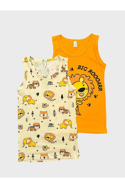 elmas kids Boy's Cotton Orange Cream Color Lion Patterned 2-Piece Undershirt Set
