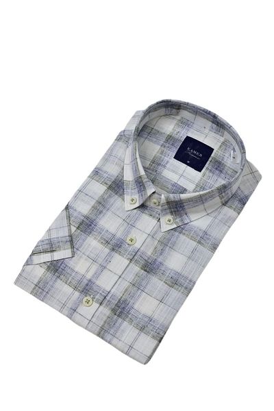 KAMER Men's Classic Plaid Short Sleeve Shirt Cotton Linen 9339 Bgl-St04586