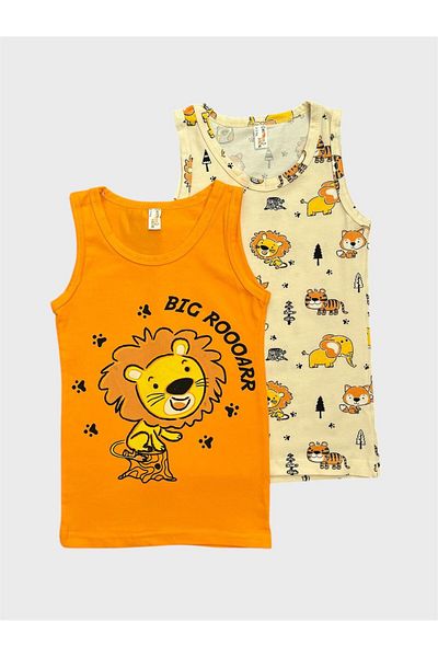 elmas kids Boy's Cotton Orange Cream Color Lion Patterned 2-Piece Undershirt Set