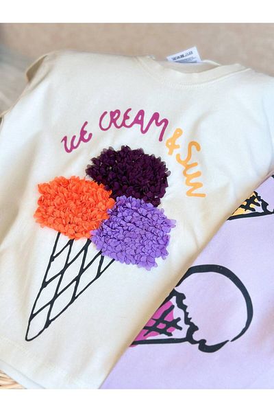 MİO Girl's Cottoncolorful Ice Cream Embossed T-Shirt and Patterned Leggings Set