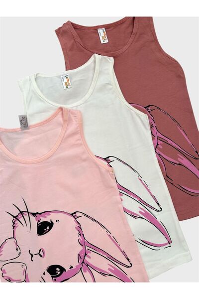 elmas kids Girl's Cotton Plum White Pink Cat Patterned 3-Piece Undershirt Set