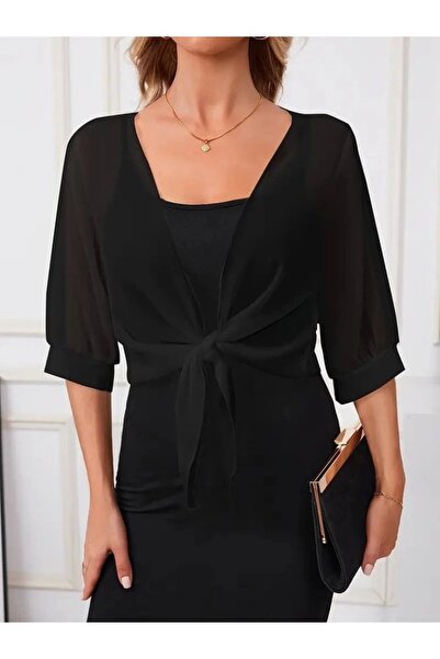 Silerra Women's Three Quarter Sleeve Front Tie Short Chiffon Bolero Jacket