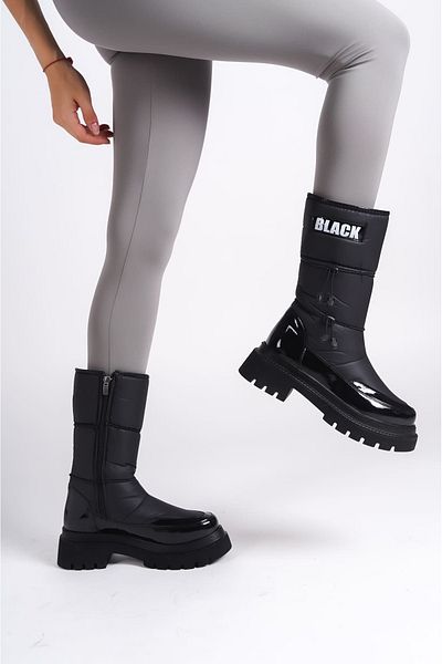 Joy Ayakkabı LUCY Elastic Zippered Parachute Fabric Patent Leather Γυναικείες Μπότες ST - Μαύρο