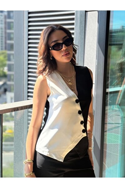 Asil Acar Home Women's Zero Sleeve V-Neck Buttoned Colorblock Atlas Vest