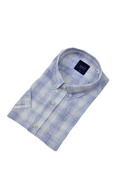 KAMER Men Classic Plaid Short Sleeve Shirt Cotton Linen 9343 Bgl-St04585