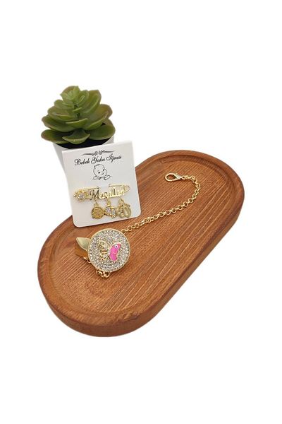 Serap Yılmaz Sahi Plated Crystal Stone Baby Pacifier Chain and Collar Pin Set - 0414