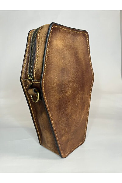 ÇANTA TABUT ŞEKLİNDE GOTİK DERİ KADIN ÇANTA, VEG-TAN FULL GRAİN DANA DERİSİ KADIN ÇANTA