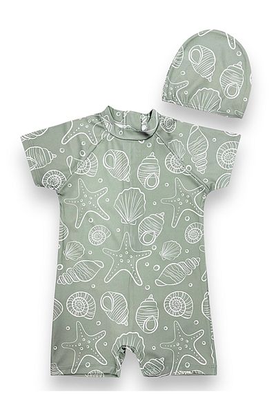 Lolliboomkids Boy's Grey Color Sea Creatures Print Pattern Short Sleeve Full Body Swimsuit Set