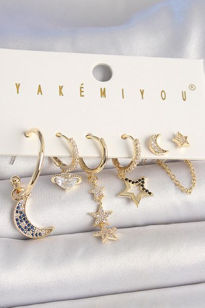 Skygo Brass Gold Color Zircon Stone Star Model Crescent Detail 6-Piece Women's Combination Earrings - Tj-Bkp10455
