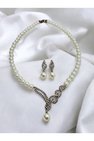 FUYA JEWELLERY Tek Sıra İnci Kolye, Küpe Set