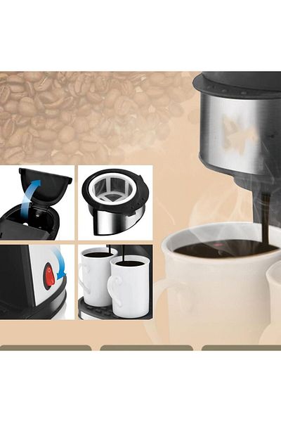 Generic ماكينة تحضير القهوة بالتنقيط الأوتوماتيكية - ماكينة سيراميك للقهوة والشاي ومسحوق الحليب - تصميم كوبين