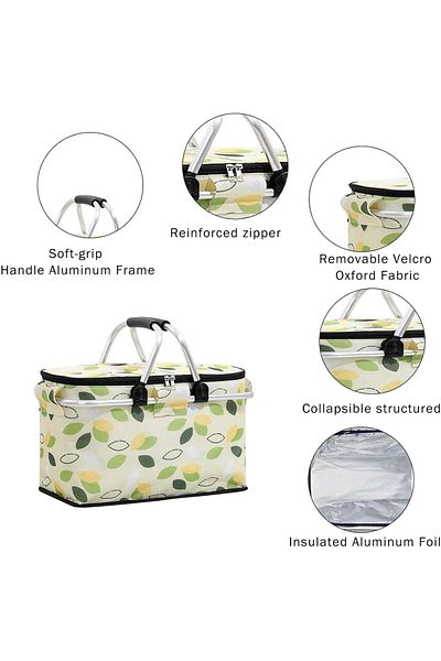 Generic Joyzzz Insulated Picnic Basket, Large-Capacity, Portable & Collapsible, Spotted Print, Aluminum Fra