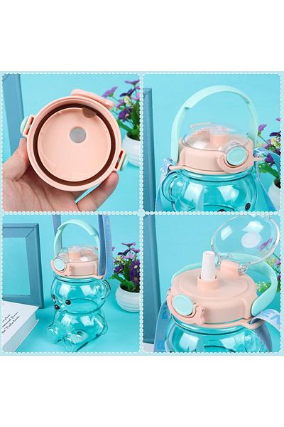 Generic Kawaii Bear Straw Bottle, Large Capacity Bear Water Bottle with Strap and Straw, Cute Portable Bear