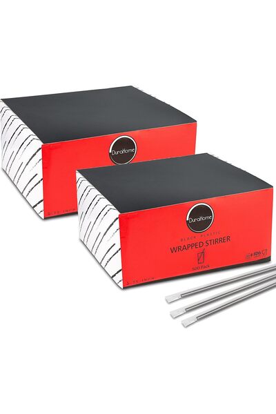 007 DuraHome 1000 Individually Wrapped Black Plastic Stirring Straws, 5.75 in, Disposable, BPA-Free