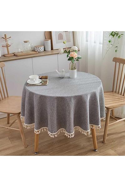Generic Tazweeq Round Linen Tablecloth, Rustic Durable Dustproof Tassel Table Cover, Suitable for Kitchen,