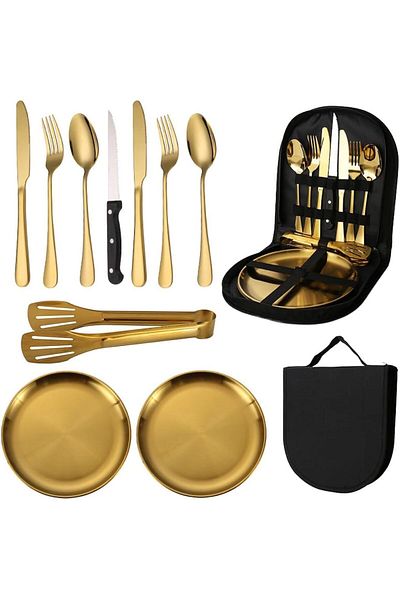 COOYA 10Pcs Picnic Eating Utensils Set, Mess Kit Stainless Steel Plates Spoons Knives Forks(Gold)