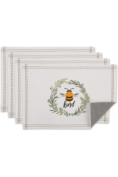 Generic DII Bumblebee Checkered Kitchen Collection, Reversible Placemat Set, 13x19, Bee Kind Gingham, 4 Pie