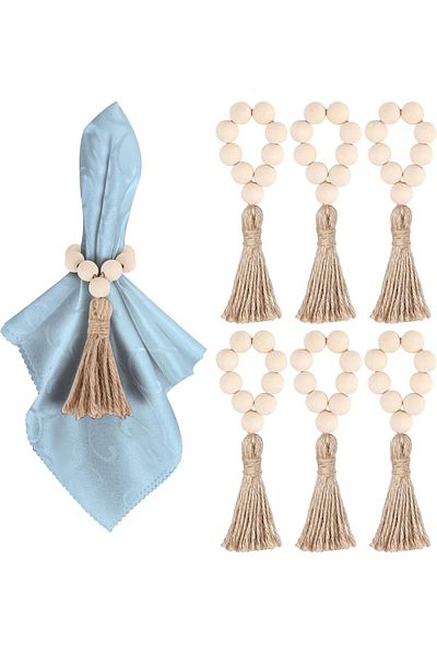 Generic 6 Pieces Wooden Bead Napkin Rings, Farmhouse Stretchable Napkin Rings with Tassel Boho Napkin Rings