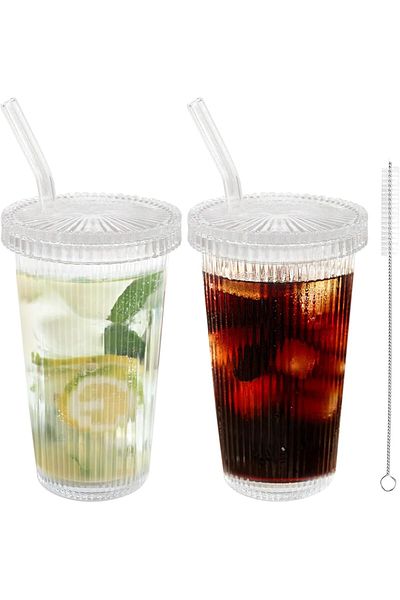 Generic Sagreeny Ribbed Glass Cups Set - 2 Pack With Matching Lids and Straws, Transparent Stripe Tumbler f