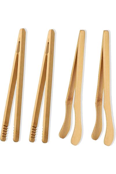 Generic 4PCS Toast Tongs, Bamboo Toaster Tongs, Reusable Bamboo Kitchen Tongs for Cheese Bread BBQ Fried Fo