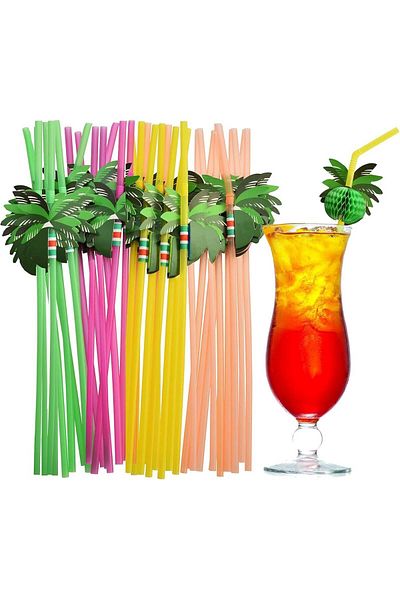 Generic Tazweeq 100 Pcs Coconut Tree Straws, Plastic Fancy Cocktail Straws, Party Straws for Hawaii/Birthda