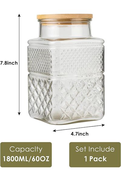 Generic Excefore 1800 ML Vintage Glass Airtight Storage Jar with Square Shape and Bamboo Lid, Embossed Cani