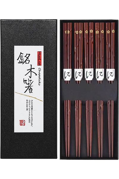 Generic 5 Pairs Wood Chopsticks , Hardwood Chopsticks Japanese Style Reusable Hand-Carved, Non-Slip Design,