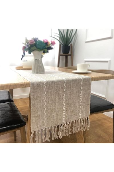 Generic KASTWAVE Braided Farmhouse Table Runner - Cotton Linen Boho Vintage Woven Decorations With Tassel f