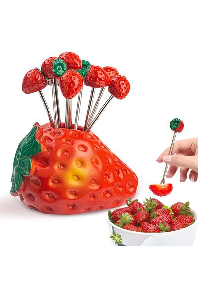 Generic ALMEKAQUZ 10 Piece Fruit forks Sets, Strawberry Stainless Steel Fruit forks and Strawberry Holder,