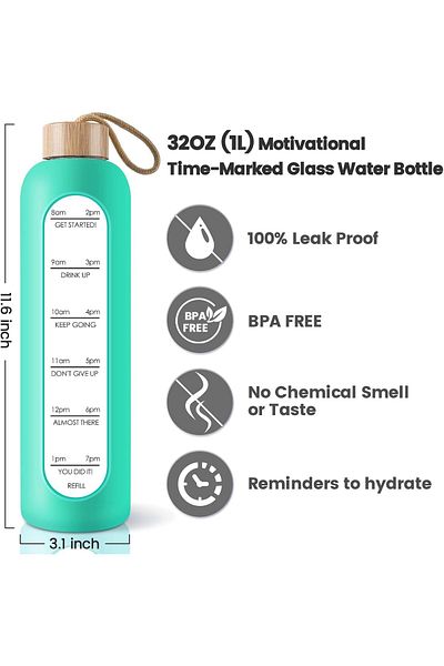 Generic KASTWAVE Motivational Glass Water Bottle with Time Markers, Leak Proof and BPA Free, 32 Oz with Sil