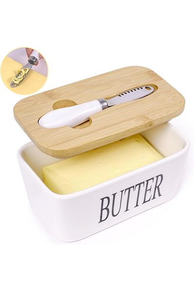 Generic Yelajoy Butter Dish with Lid, Ceramic Butter Dish with Knife for Countertop, Airtight Covered Butte