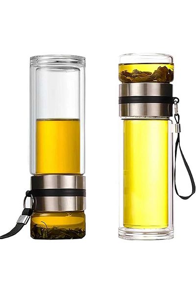 Generic Tazweeq 450ml Double Walled Glass Kettle, Portable Travel Dispenser Teapot Cup with Tea Deflector,